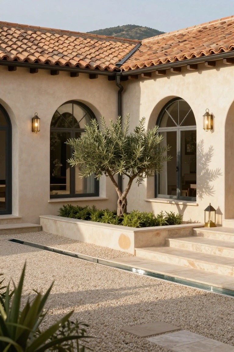 Beige stucco corner of a house with terracotta tile roof, two dark-framed arched windows, olive tree in raised stone bed with shrubs, lantern lights, stone steps, gravel ground with drainage channel, and agave plants in foreground.