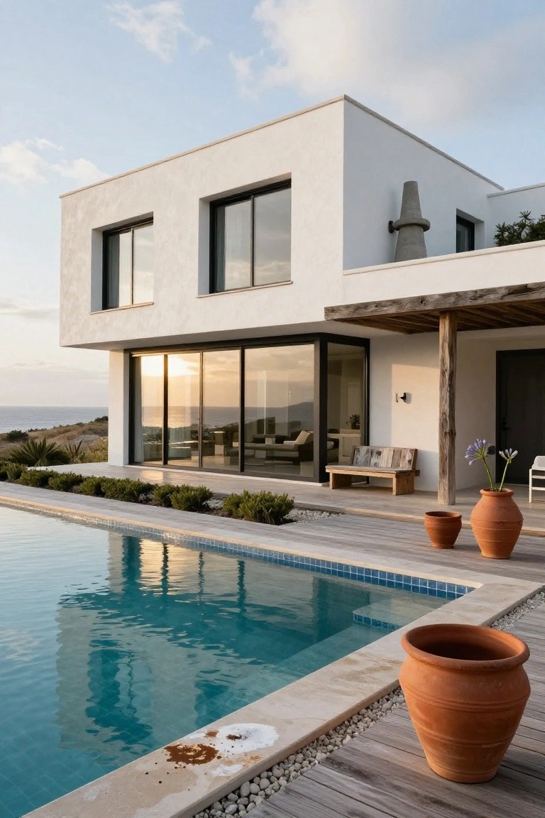White modern villa exterior featuring large black-framed glass walls next to an infinity-edge turquoise pool on a wooden deck terrace, with terracotta pots, plants, and ocean view at sunset.