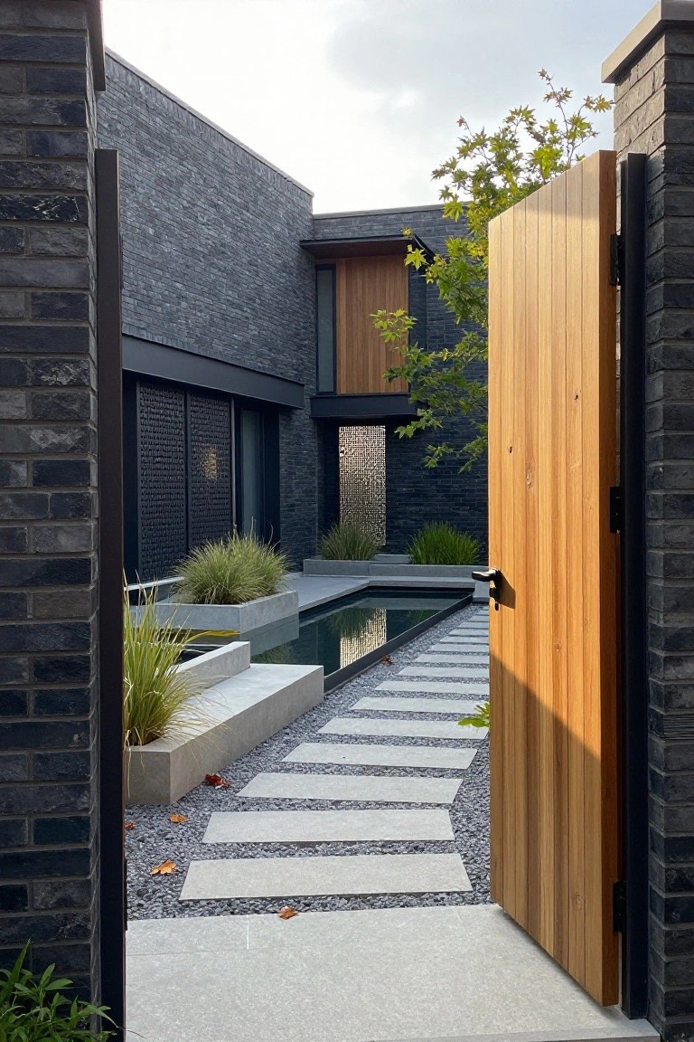 Open wooden gate in dark brick walls revealing a narrow rectangular reflecting pool parallel to a stepping stone path across gravel, with ornamental grasses in planters and a modern house in the background.