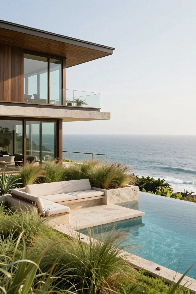Modern villa exterior with wood paneling and stone base, showing a low beige sofa on a raised stone terrace beside a rectangular infinity-edge pool surrounded by tall ornamental grasses, overlooking the ocean and waves.