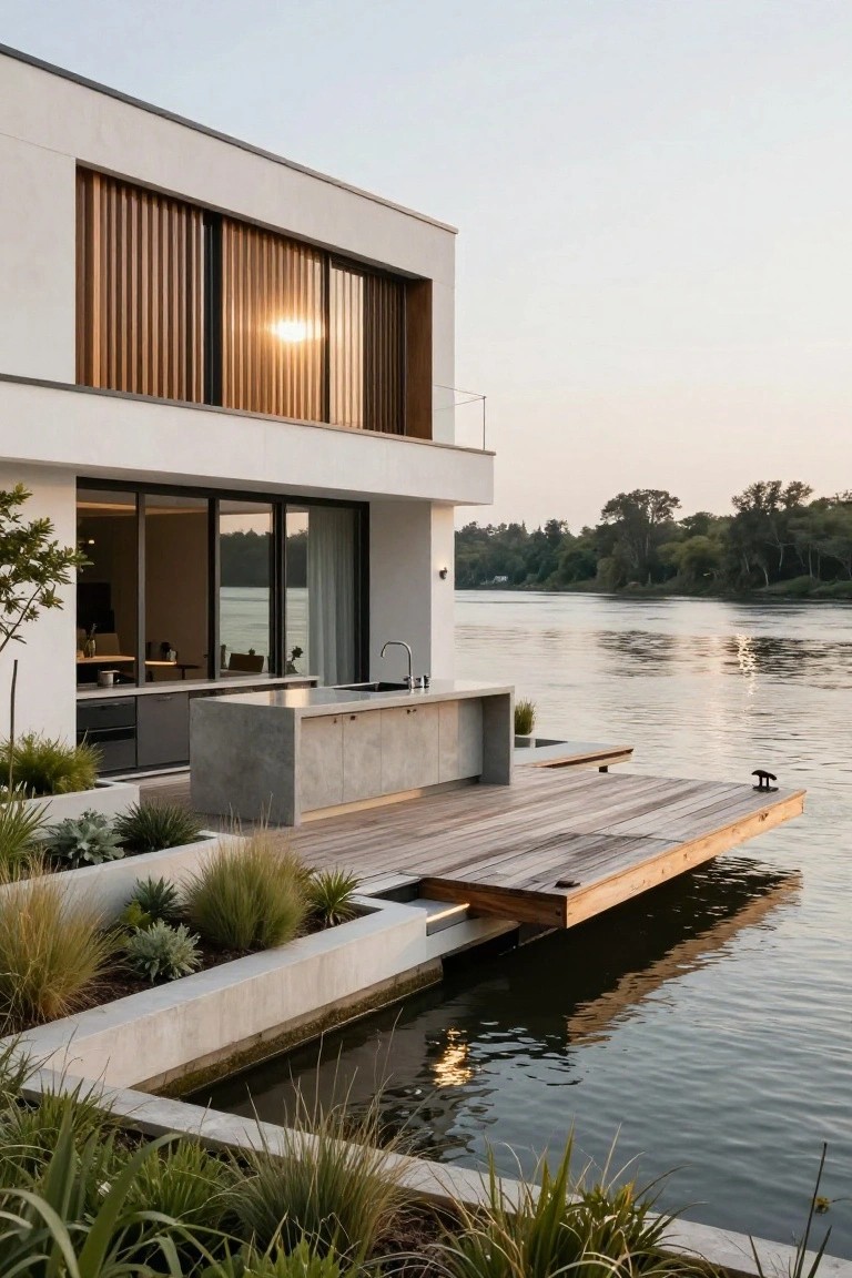 Modern white house exterior with glass walls opening to a concrete outdoor kitchen on a terrace, wooden deck extending to a dock over a calm river, grasses in foreground and trees across water.