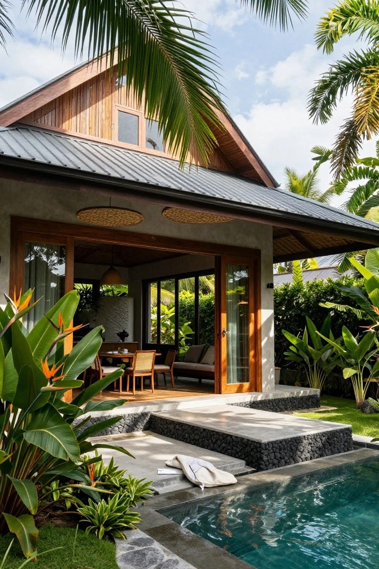 Modern tropical villa exterior with gray metal roof, wooden sliding doors open to indoor living and dining area, private rectangular plunge pool on raised stone terrace edged in black pebbles, surrounded by lush green plants and palm trees.