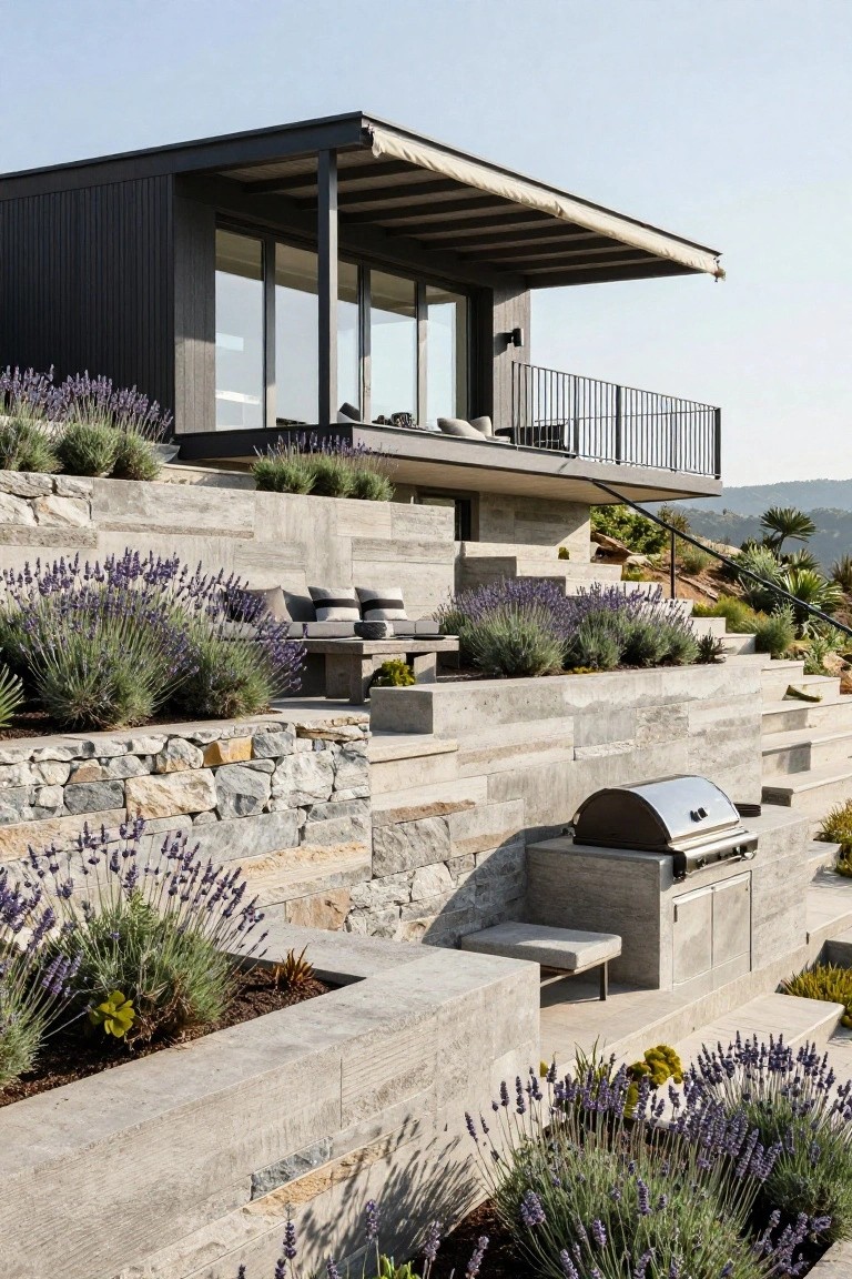 Modern black wood house perched on a terraced hillside with concrete and stone retaining walls planted with lavender bushes, outdoor benches, a built-in barbecue, and a balcony above.