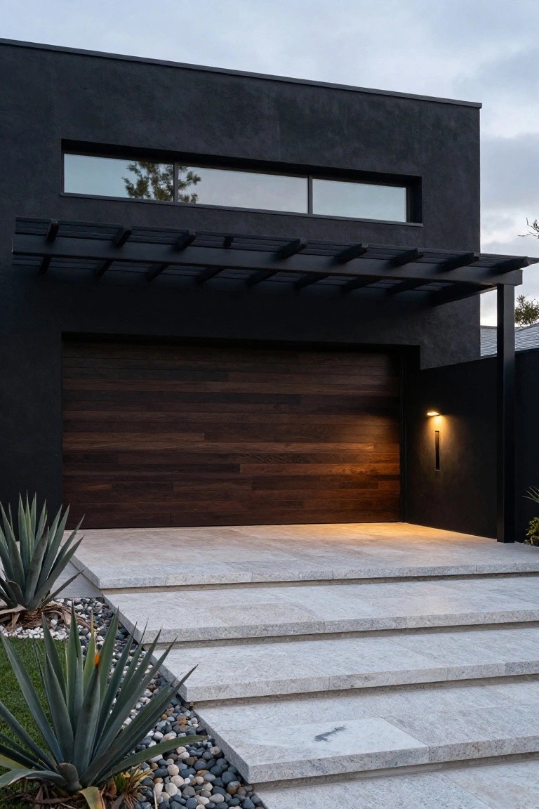 Modern house exterior with black stucco walls, large horizontal wooden garage door, black metal pergola above, concrete entry steps, agave plants, pebbles, and a wall-mounted light.