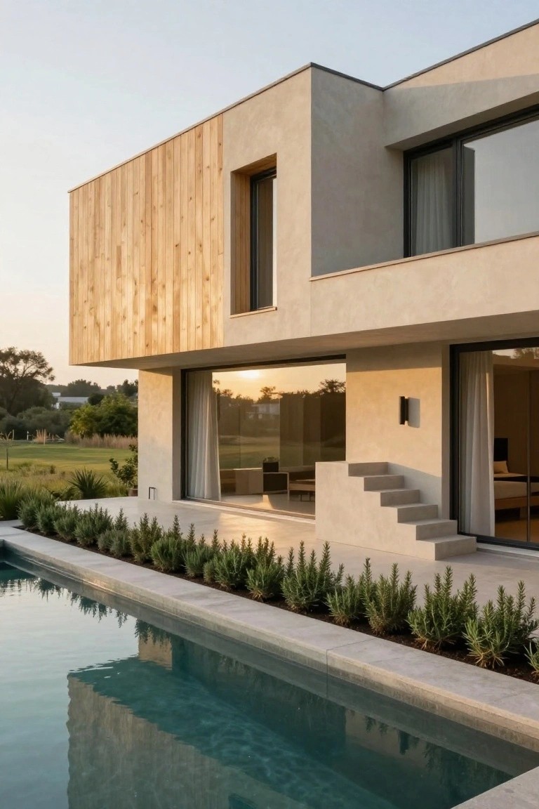Side view of a modern villa with vertical wooden cladding on one wall section, light stucco on others, large glass doors, concrete steps, infinity-edge pool, and low green hedges along the poolside.