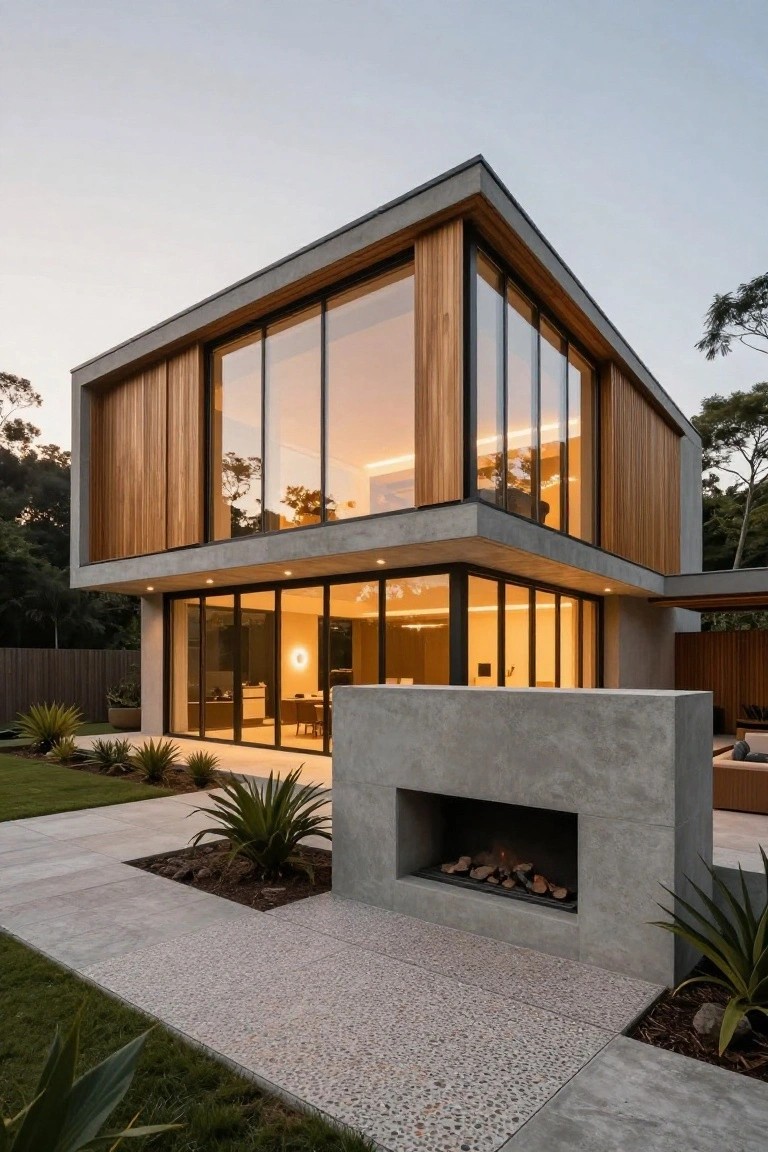 Corner view of a two-story modern house with gray concrete structure, vertical wood cladding on sides, large glass window walls, and an outdoor concrete fire pit on a paved patio with plants.