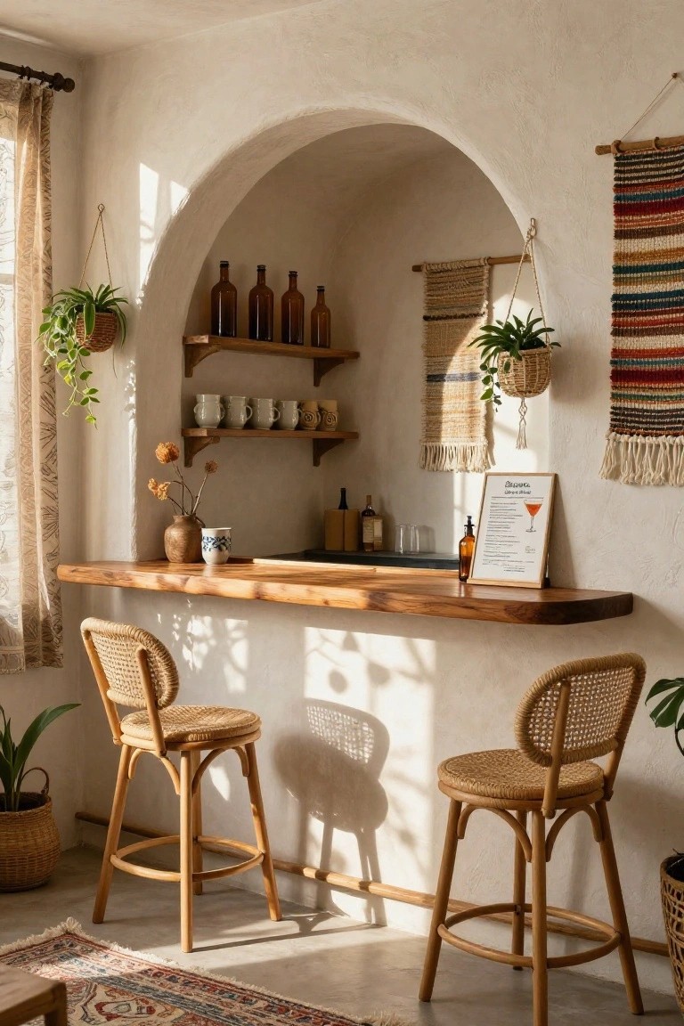 Indoor arched white wall niche converted into a bar with wooden shelves holding brown glass bottles and white mugs, a live-edge wood countertop, two rattan barstools, hanging plants, woven wall hangings, and a cocktail menu frame.