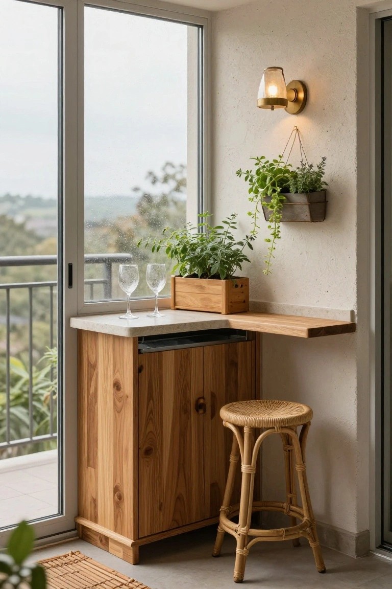 Wooden cabinet with countertop used as a corner bar on a balcony, featuring two wine glasses, wooden plant box, hanging herbs, rattan stool, and glass door with outdoor view.