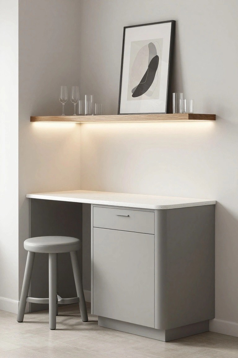 Gray built-in corner cabinet with white countertop and drawer, gray stool beside it, oak floating shelf with under lighting and various glasses above, abstract art on wall in a light room.