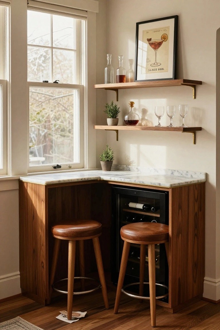 Wooden L-shaped corner bar cabinet with built-in black wine fridge, white marble countertop, two brown leather stools, floating wood shelves holding bottles glasses and plants, next to a large window in a light-colored room.