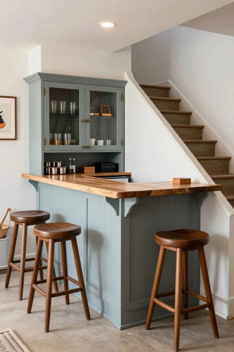 Light teal wooden bar cabinet in a corner next to wooden stairs, featuring glass-fronted upper doors with glassware, wood countertop, small appliances underneath, and four wooden stools.