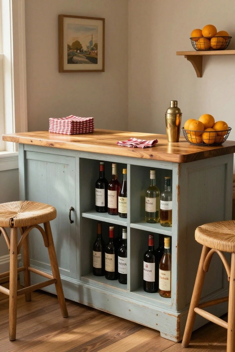 A light blue wooden corner bar cabinet with open shelves holding various wine and liquor bottles, a wooden countertop with red napkins, brass shaker, and bowl of oranges, flanked by two rattan bar stools in a light room.