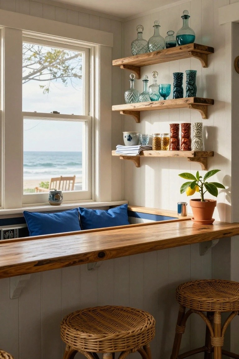 Corner interior with wooden bar counter, blue cushions along the base, rattan bar stools, wooden shelves holding glassware and bottles, a potted plant, and a large window showing ocean view.