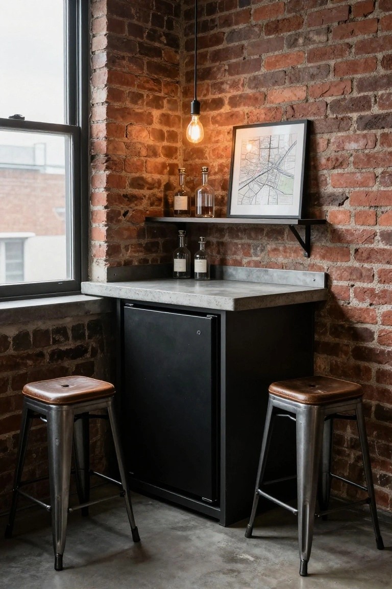 Corner bar setup in brick-walled room with concrete countertop, black under-counter mini-fridge, two metal stools with leather seats, wall shelf holding liquor bottles, hanging bulb light, and framed map on wall.