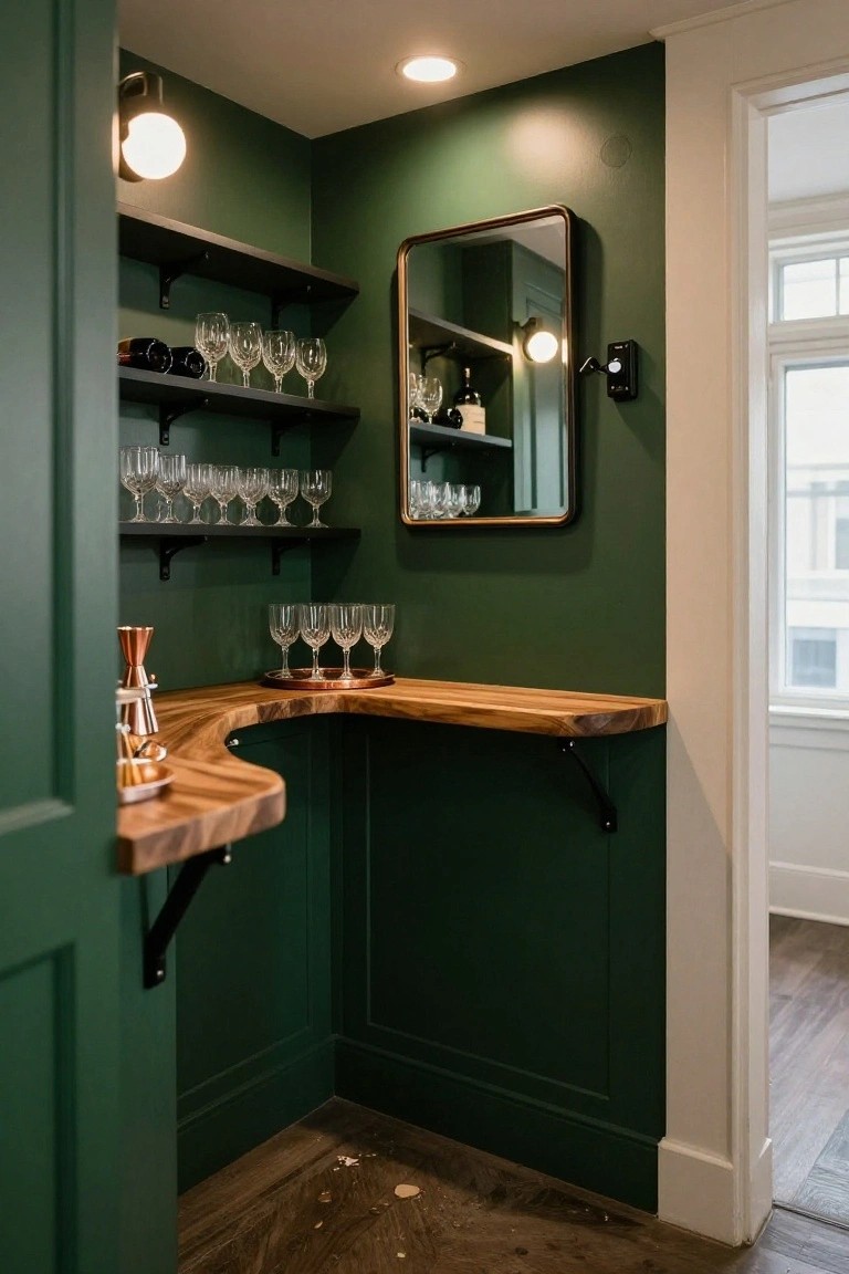 A dark green corner bar area with curved wooden countertop supported by black brackets, floating black shelves displaying wine glasses and bottles, a round brass mirror on the wall, and a copper cocktail shaker on the counter.