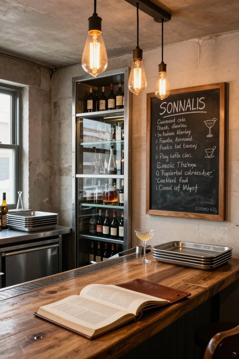 Industrial-style interior bar corner with wooden countertop, open leather-bound book, glass-door metal cabinet stocked with liquor and wine bottles, hanging Edison bulb lights, stainless steel trays, and chalkboard menu on the wall.