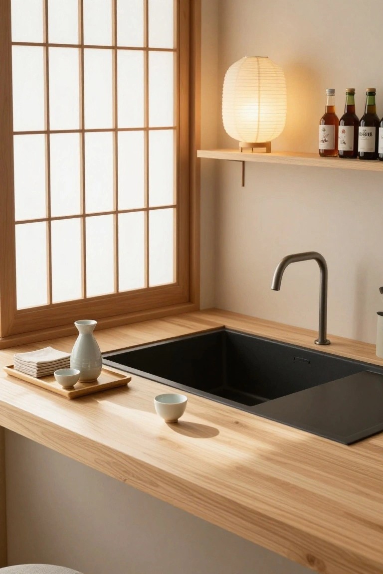 Kitchen corner with light wood countertop, black sink and gooseneck faucet, wooden tray holding white sake decanter and cups, bottles on overhead shelf, shoji screen window, and paper lantern light.