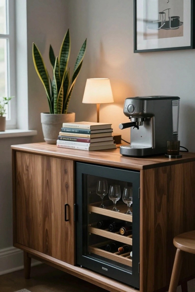 Wooden credenza with glass-front wine cooler in room corner, topped with stacked books, table lamp, potted snake plant, and silver espresso machine next to window.