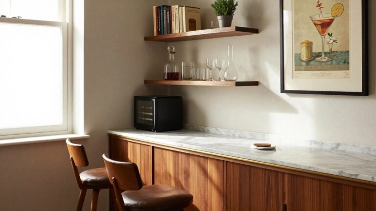 Wooden L-shaped corner bar cabinet with built-in black wine fridge, white marble countertop, two brown leather stools, floating wood shelves holding bottles glasses and plants, next to a large window in a light-colored room.
