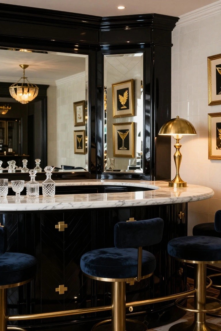Curved black lacquered bar cabinet with white marble countertop, navy velvet bar stools on brass bases, mirrored panels, and brass table lamp in a room corner.