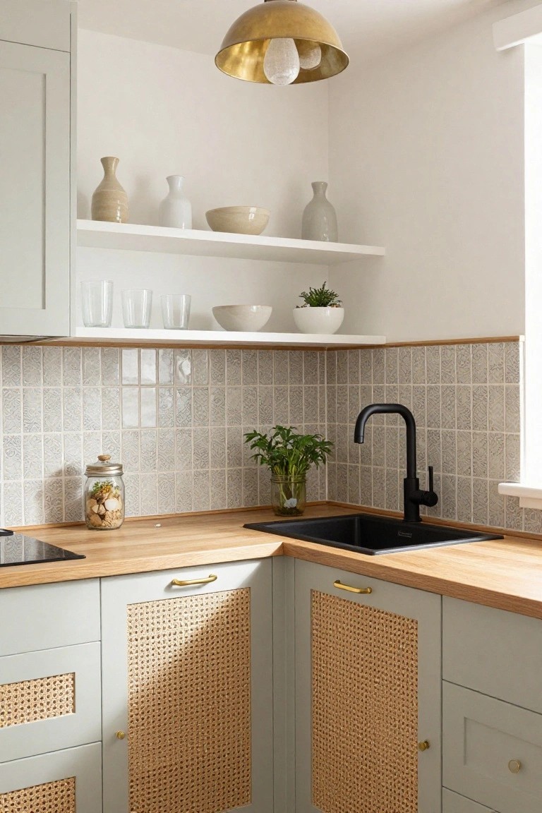 Corner of a sage green kitchen with cabinets featuring rattan weave panels on the doors, oak wood countertop wrapping around a black sink and faucet, white patterned tile backsplash, and potted plants on open shelves above.