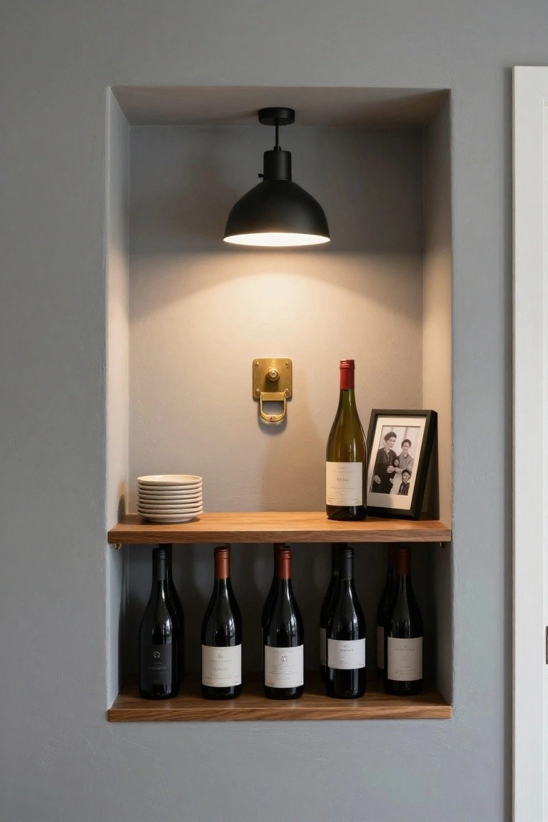 Recessed niche in a gray wall with wooden shelf holding six wine bottles below, stacked plates, single wine bottle, black photo frame, and brass wall fixture above shelf, lit by black pendant lamp, next to white door.