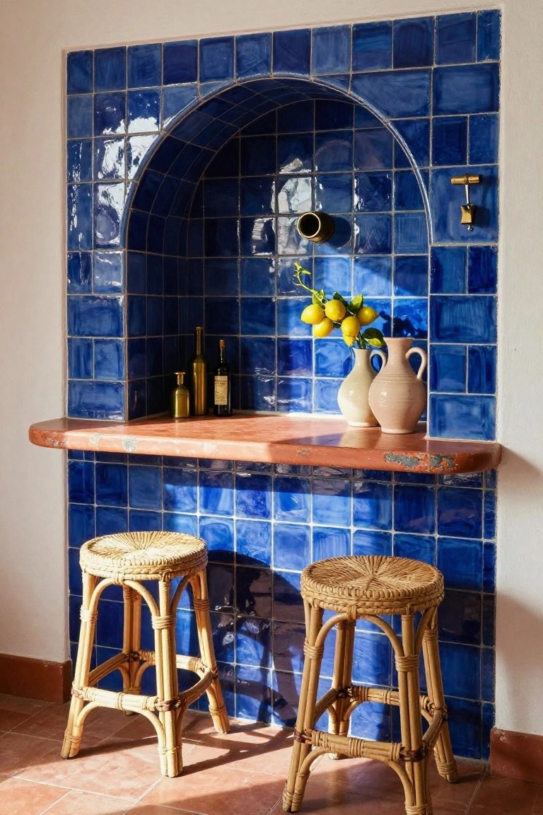 Blue hand-glazed tile alcove with arch shape containing bottles, oil dispenser, lemons in vases on a copper-edged wooden shelf, flanked by two rattan bar stools on terracotta tile floor.