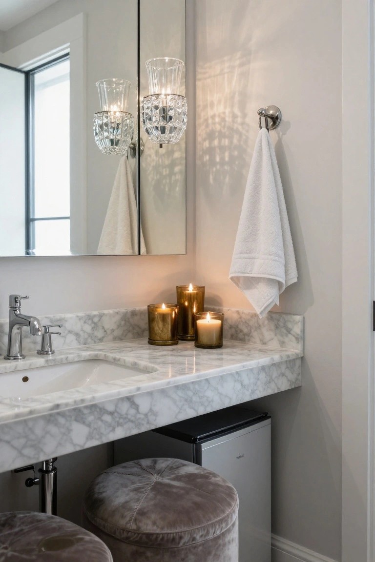 Bathroom vanity area with white marble countertop, undermount sink, stainless steel faucet, multiple lit candles in glass holders, hanging white towel, crystal wall sconces, under-counter mini refrigerator, and two gray velvet stools.