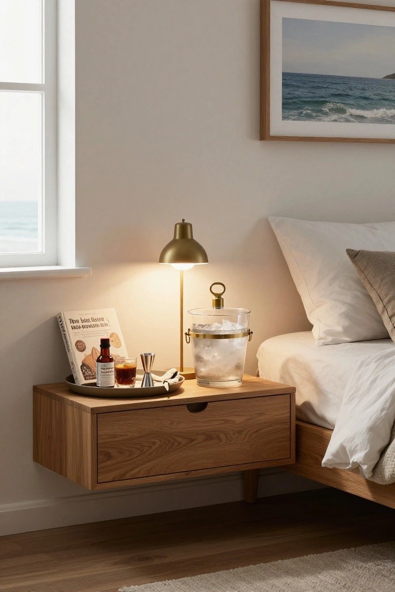 Wooden floating nightstand beside a white bed holds a gold lamp, ice bucket, drinks tray with jigger and bottles, and a book, in a light bedroom with window overlooking ocean.