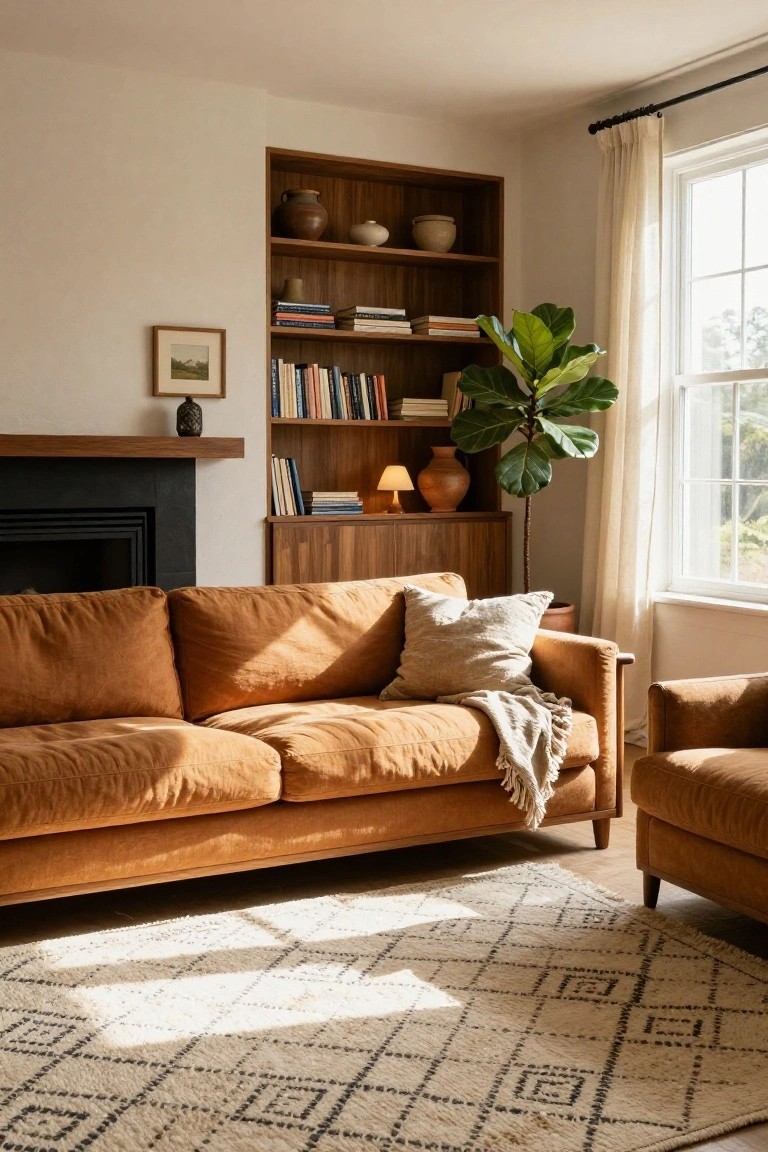 A living room with burnt orange sofas on a light rug featuring black diamond patterns, wood bookshelves filled with books and ceramics, a fiddle leaf fig plant, and a fireplace near large curtained windows.
