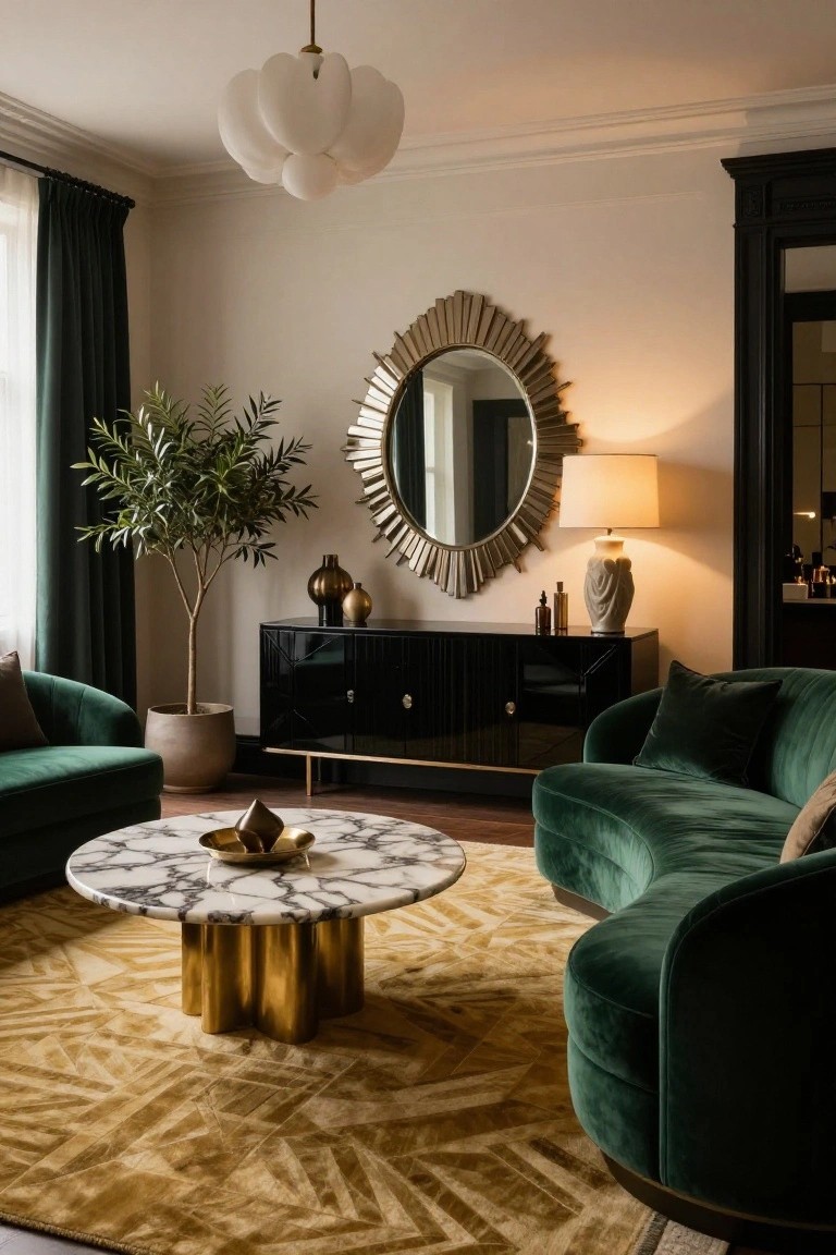 Luxury living room with curved emerald green velvet sofas on a large gold patterned area rug, marble coffee table with gold base, black lacquered credenza, olive tree in terracotta pot, sunburst mirror, and white bubble pendant light.
