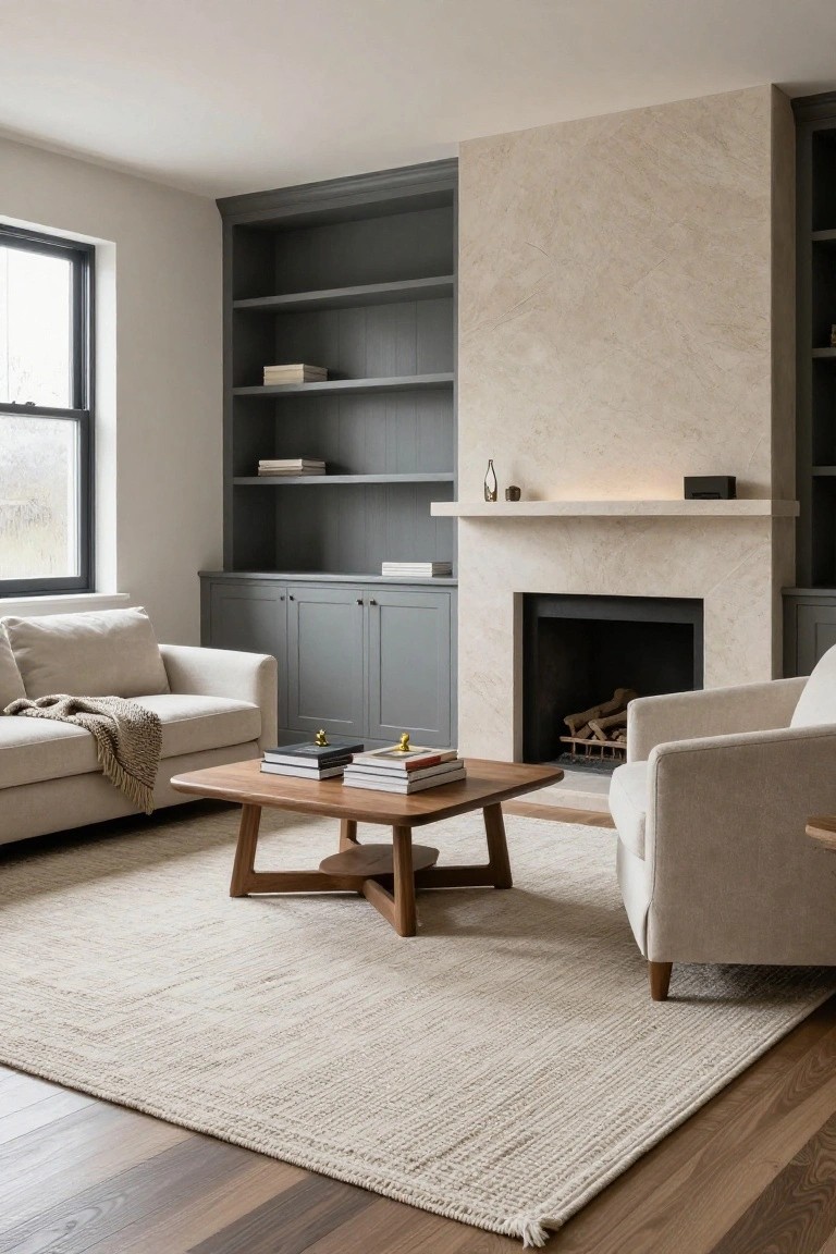 A living room with gray built-in bookshelves and cabinets, beige stone fireplace, cream sofas and armchair, wooden coffee table on a large light beige textured rug with fringe, and light wood floors.