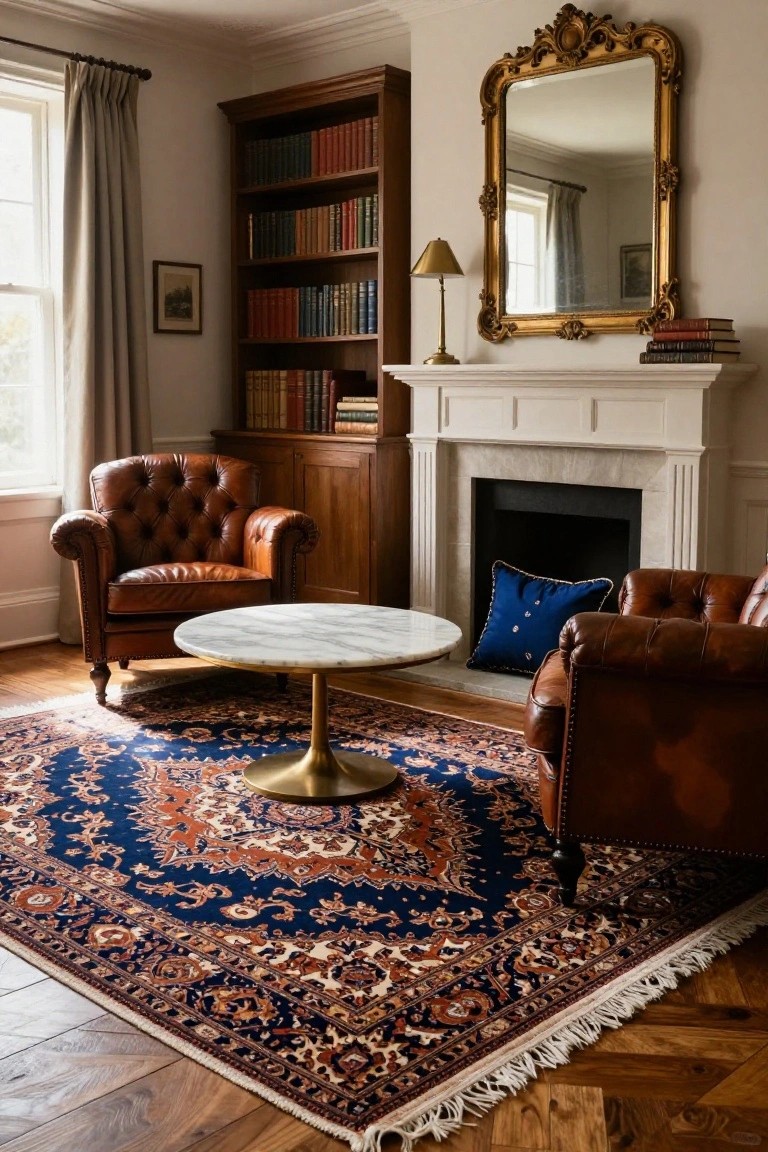 A formal living room sitting area featuring two brown leather armchairs and a round white marble coffee table on a navy blue and rust Persian rug, positioned near wooden bookshelves, a white fireplace, and an ornate gold mirror.