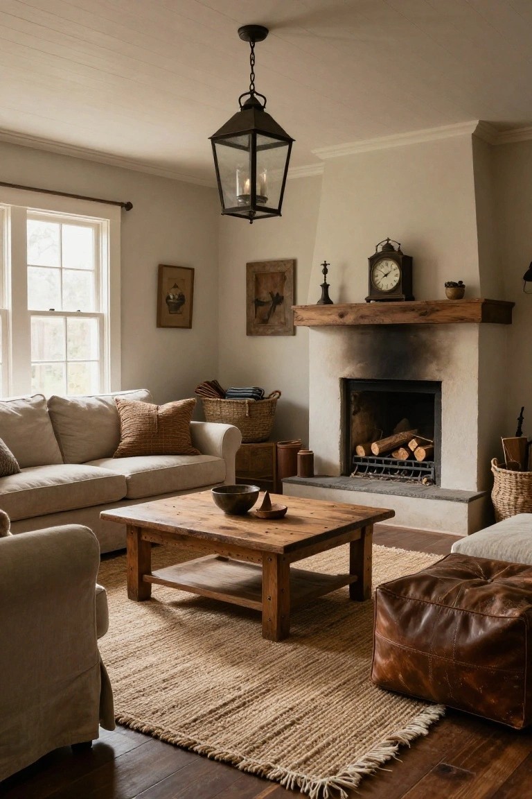 Cozy living room with beige linen sofa, wooden coffee table, stone fireplace with fire burning, seagrass rug, and wicker baskets on hardwood floors.