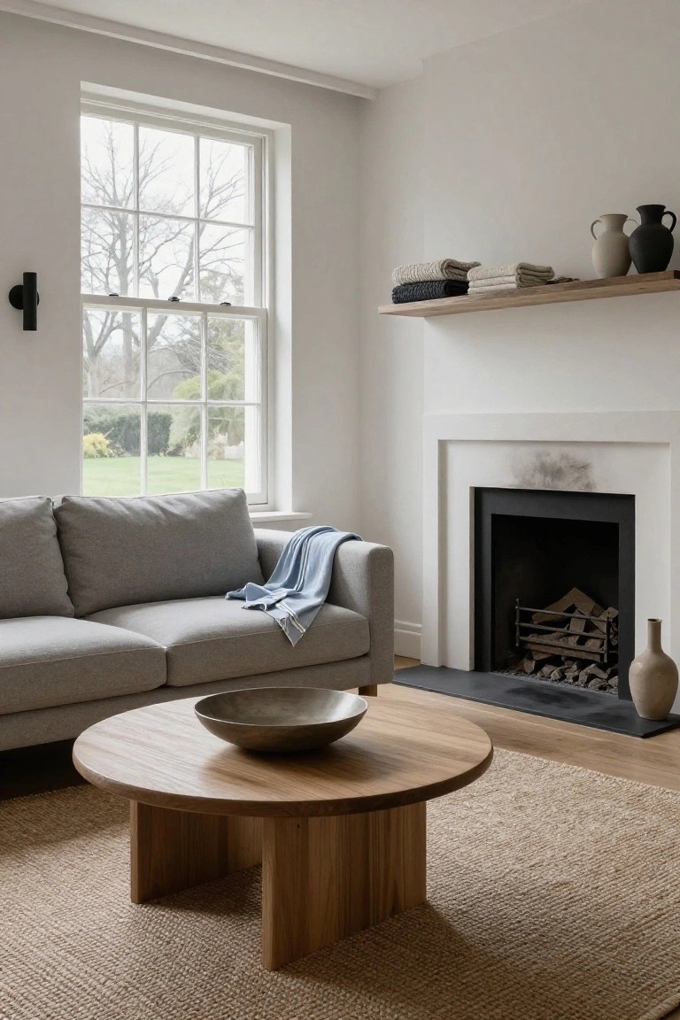 A minimalist living room with a light seagrass rug under a round oak coffee table and gray sofa, a black fireplace with logs, wooden shelves holding folded textiles and ceramic vases, and a large window showing a garden view.