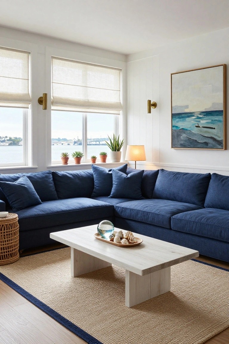 Corner of a living room with navy L-shaped sofa, white coffee table on beige seagrass rug with navy border, potted plants on windowsills overlooking a harbor, abstract ocean painting on white wall.