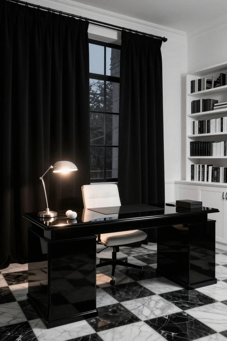 Modern home office featuring a glossy black double-pedestal desk with white leather chair, silver arched desk lamp, bookshelves, black curtains over a large window, and black and white marble checkerboard floor.