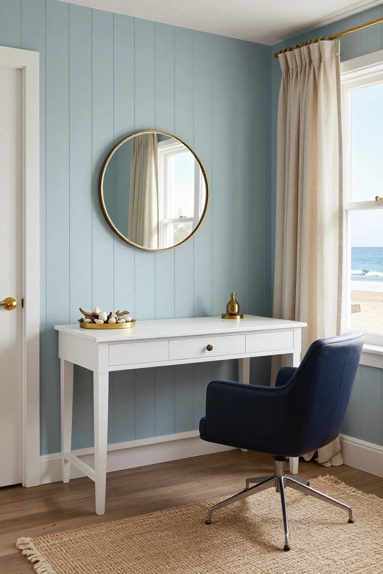 Corner home workspace with pale blue vertical shiplap walls, white wooden desk topped with gold tray and vase, navy blue upholstered swivel chair, gold round mirror, beige curtains on window overlooking beach, and seagrass rug on wood floor.