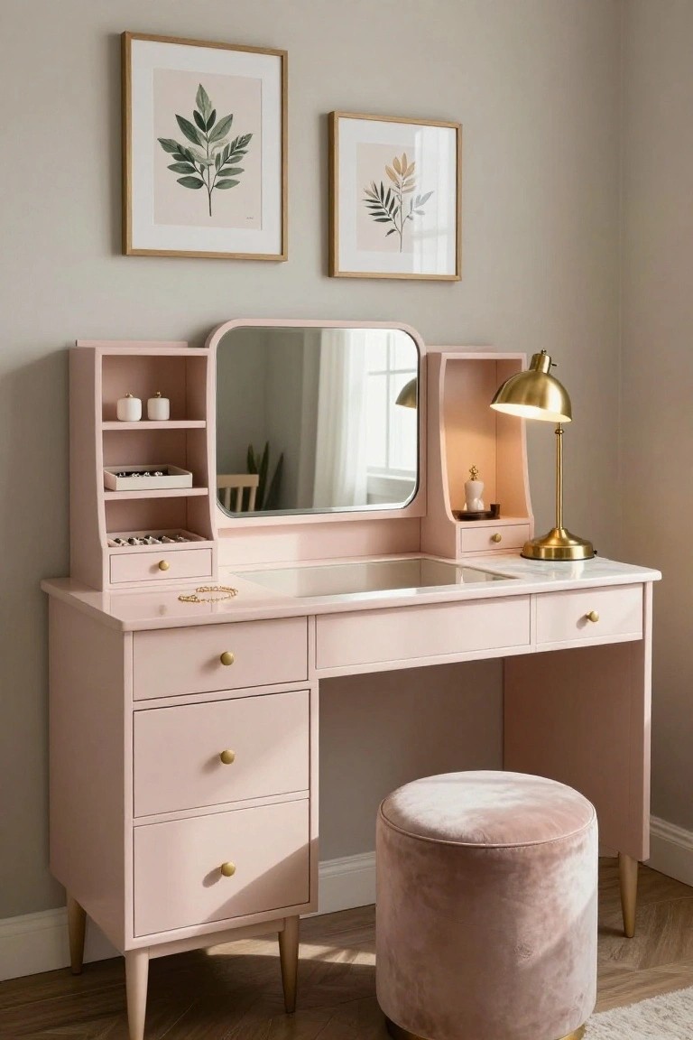 Blush pink vanity table with tri-fold mirror, shelves holding white pots and jewelry trays, gold drawer pulls, brass desk lamp, and pink velvet stool on wood-look floor in beige room with leaf art on walls.