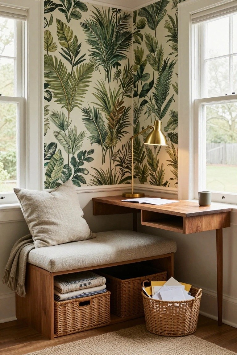 Corner indoor workspace with tropical green leaf wallpaper on cream walls, floating wooden desk over cushioned bench with storage baskets below, gold arched lamp, open notebook, mug, and wicker baskets.