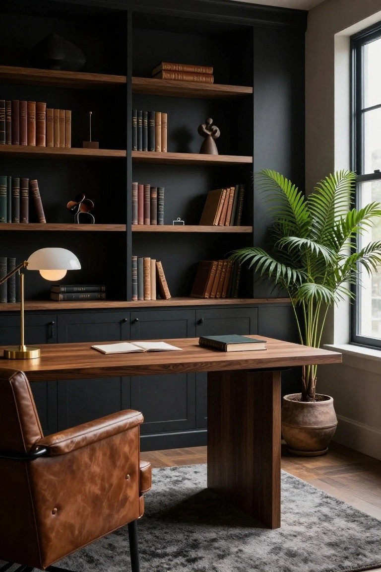 A modern home office with floor-to-ceiling dark built-in bookshelves filled with leather-bound books, decorative objects, a wooden desk topped with an open notebook and book, a brass desk lamp, a brown leather armchair, and a large potted palm plant next to a window.