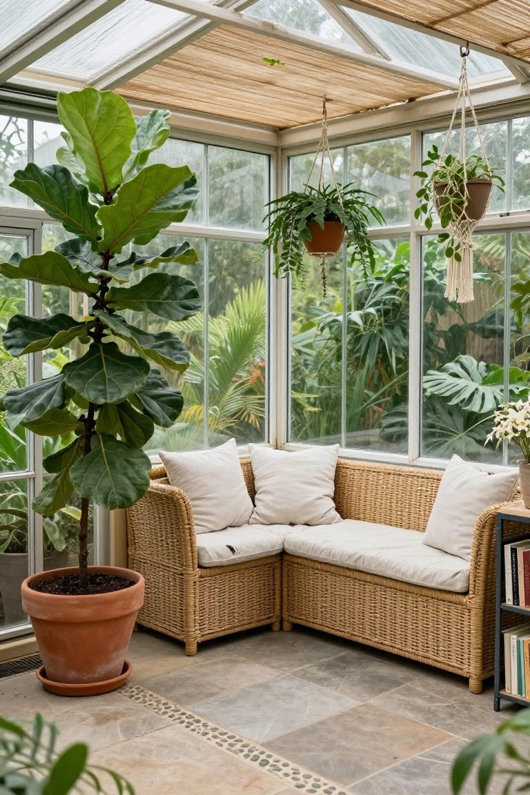 Glass conservatory interior with large potted fiddle leaf fig tree next to rattan corner sofa with white cushions, hanging plants, bookshelves, and tiled floor.