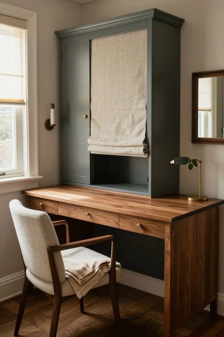 Corner workspace with walnut desk integrated into tall open sage green cabinet, cream upholstered chair with throw blanket, beige linen roman shade on window, gold lamp with leaf, and wall sconce.