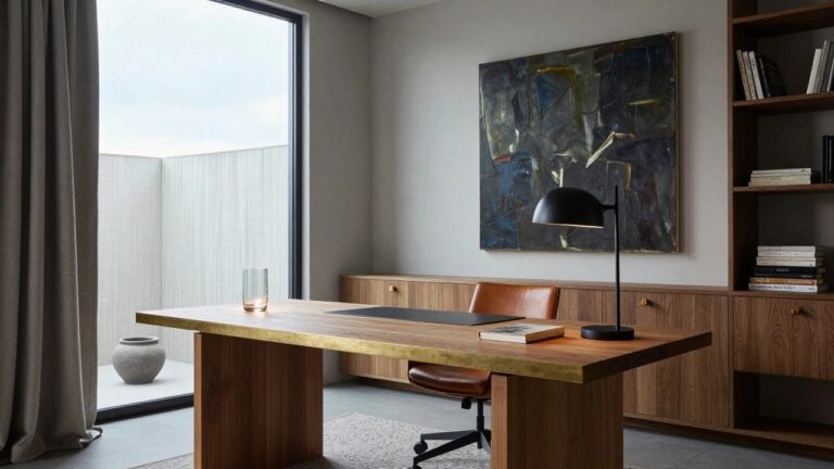 Modern home office interior with large rectangular live-edge wooden desk, tan leather swivel chair, black conical desk lamp, ceramic vase, open notebook, wooden bookshelf cabinet, abstract dark painting on wall, large window with beige curtains, and neutral area rug.