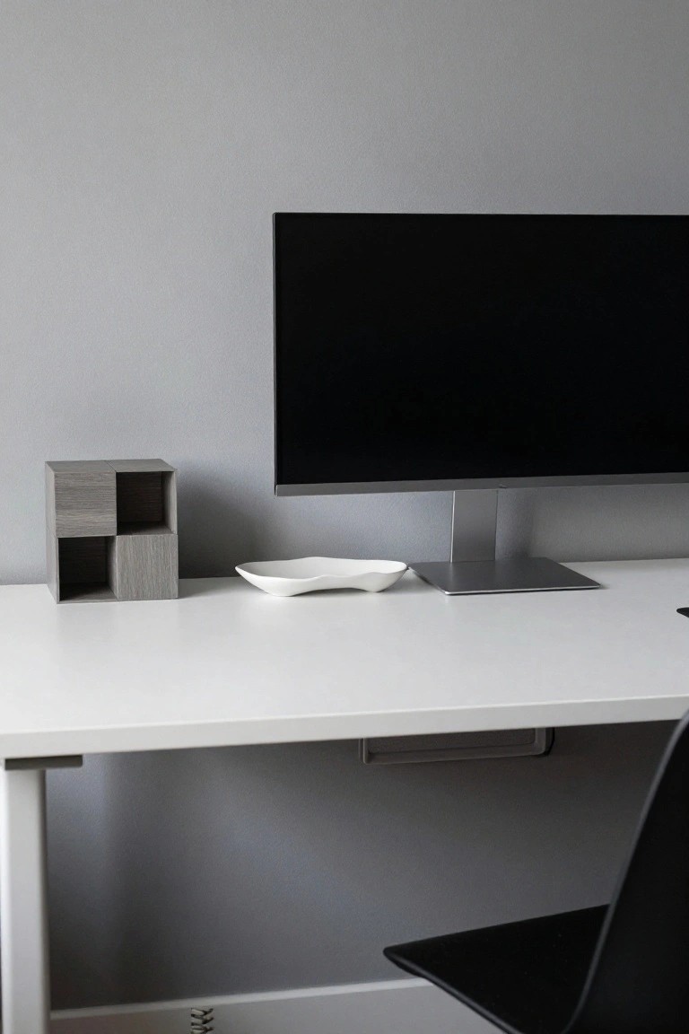 A white height-adjustable desk against a gray wall holds a large black monitor on a silver stand, a geometric gray wood cube organizer, a white ceramic dish, and sits beside a black office chair.