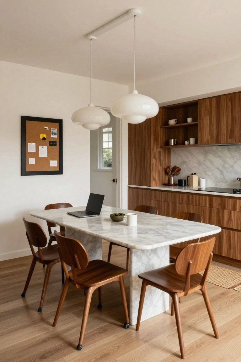 Modern kitchen interior with rectangular white marble dining table used as workspace featuring open laptop, wooden chairs with casters, walnut cabinets, white globe pendant lights, and marble backsplash.