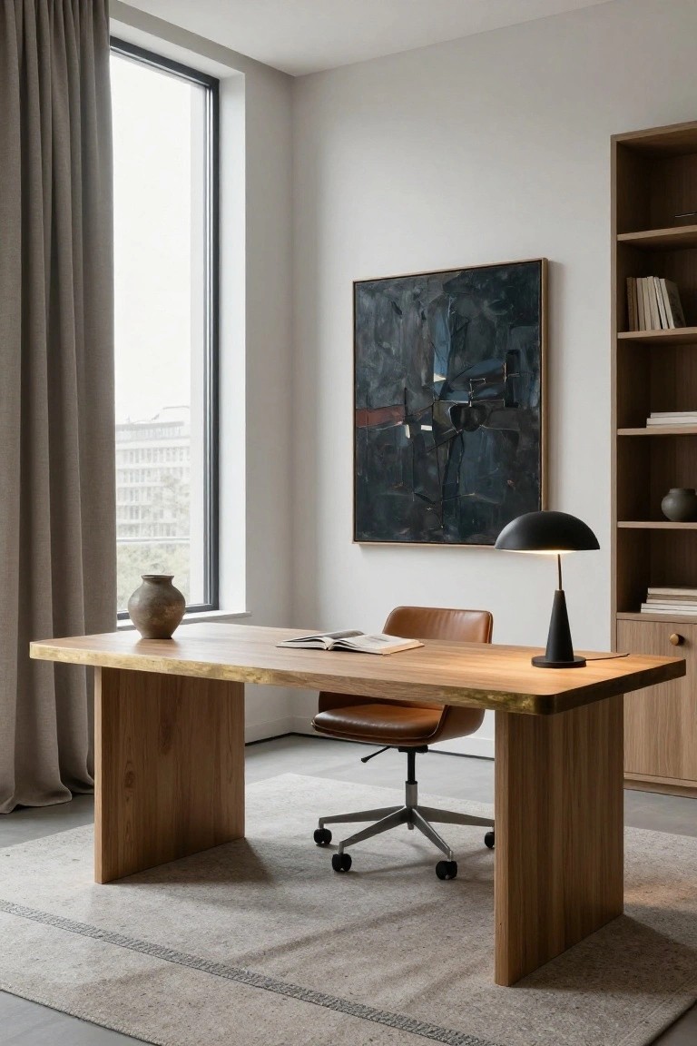 Modern home office interior with large rectangular live-edge wooden desk, tan leather swivel chair, black conical desk lamp, ceramic vase, open notebook, wooden bookshelf cabinet, abstract dark painting on wall, large window with beige curtains, and neutral area rug.