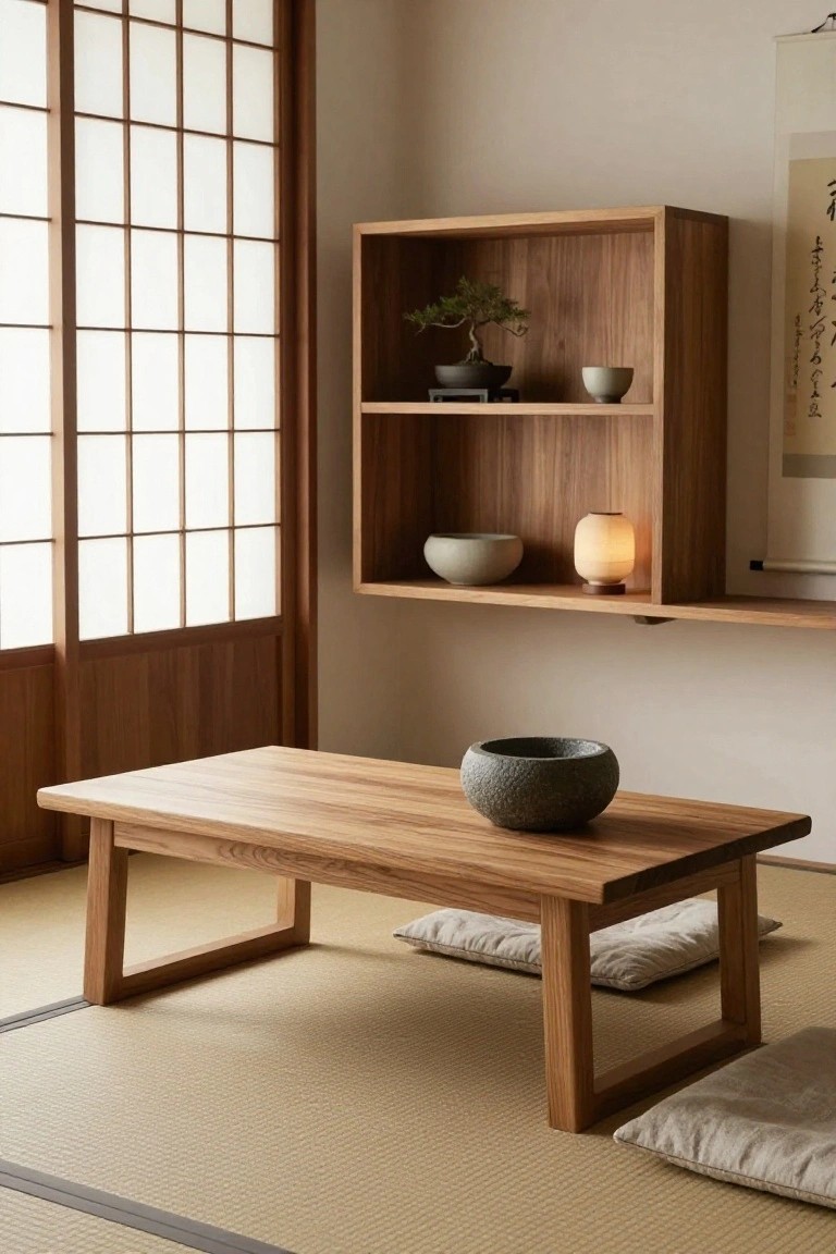 A minimalist Japanese-style interior room with tatami flooring, a low rectangular wooden table centered with a stone bowl on top, floor cushions nearby, wooden wall shelves displaying a bonsai plant, ceramic bowls, and a lit lamp, beside shoji screen windows and sliding doors.