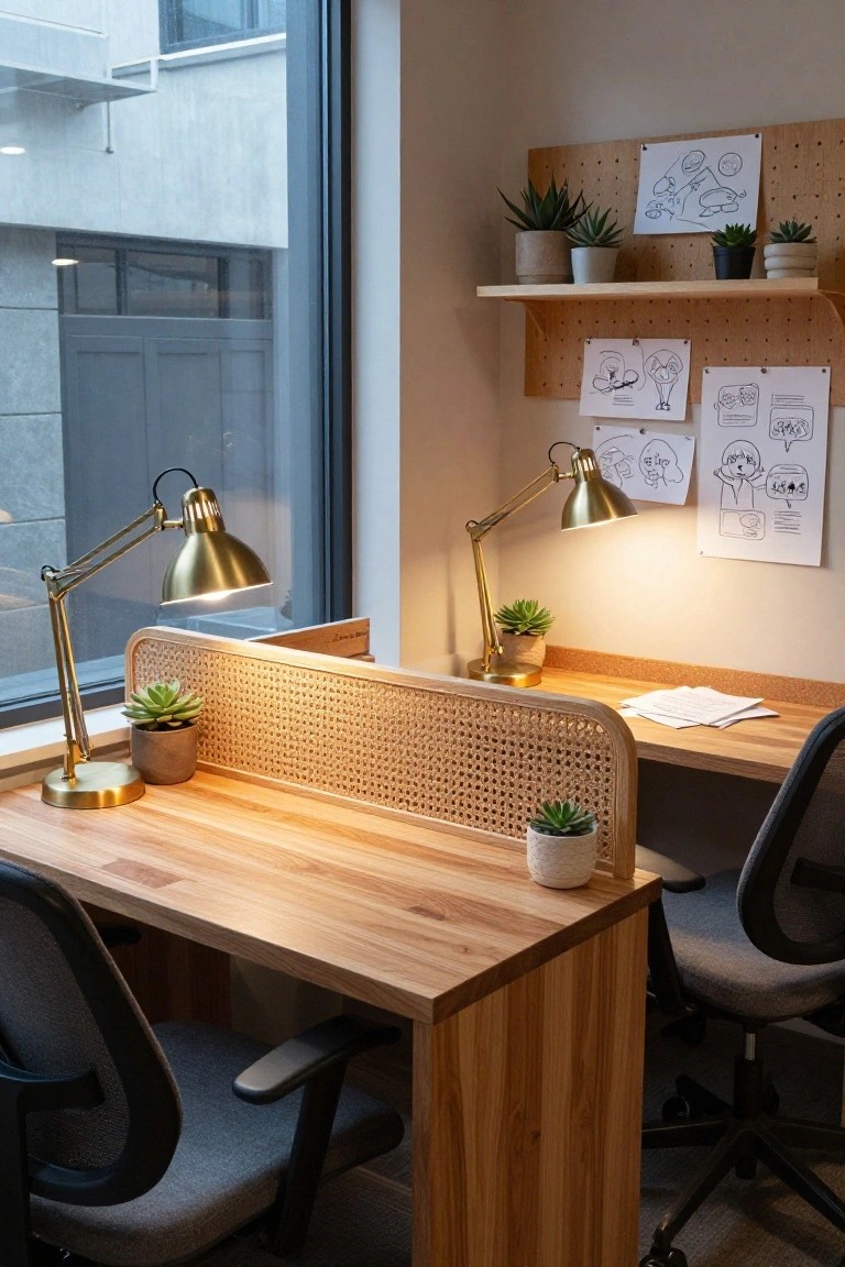 Two light wood desks positioned back-to-back with a curved rattan divider between them in a bright office corner, including mesh office chairs, potted plants, brass desk lamps, and a corkboard with sketches near a large window.