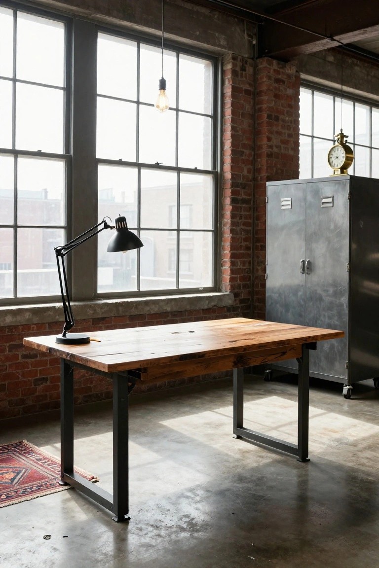 Industrial loft workspace with long reclaimed wood desk on black metal U-legs, black adjustable arm lamp on the desk, tall gray metal cabinet nearby, exposed brick walls, large multi-pane windows, hanging bulb light, and concrete floor with small patterned rug.